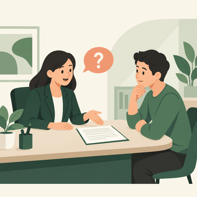 Borrower and staff member discussing a document at an office desk.