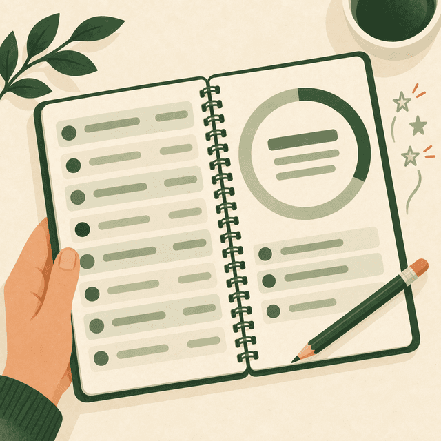 Hand holding an open repayment notebook with a pencil and abstract schedule marks.