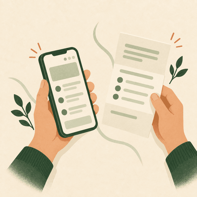 Hands holding a smartphone and a repayment document side by side.