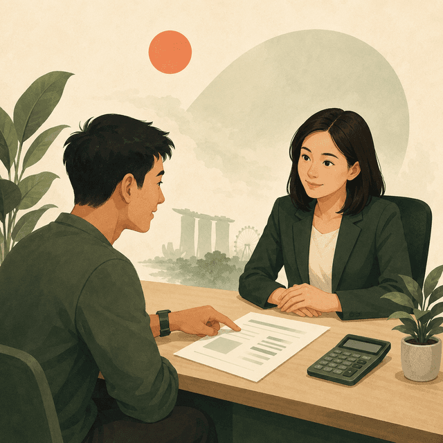 Borrower and adviser discussing a repayment document across a desk.