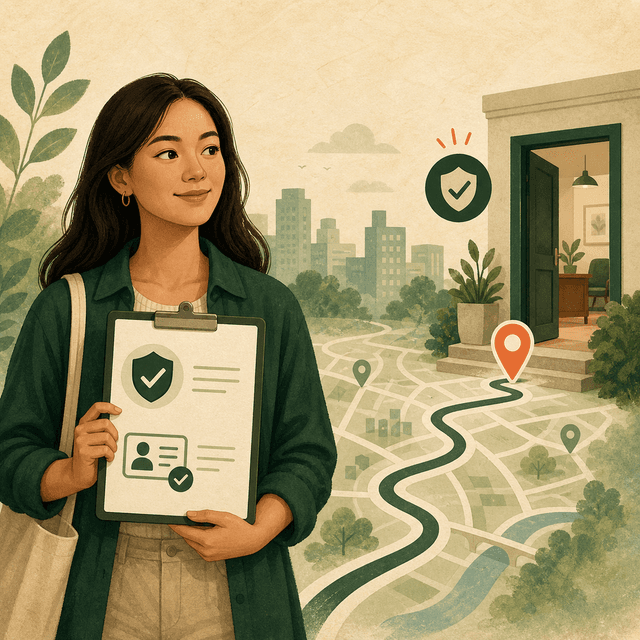 Borrower holding a licence and identity checklist beside a route to a lender office.