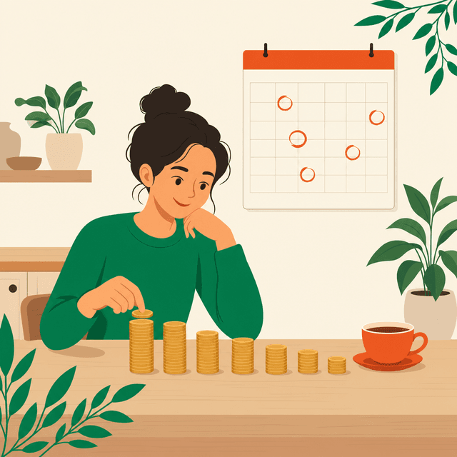 Flat vector illustration of a woman organising coin stacks on a table beside an orange-accented calendar on the wall, with green plants nearby