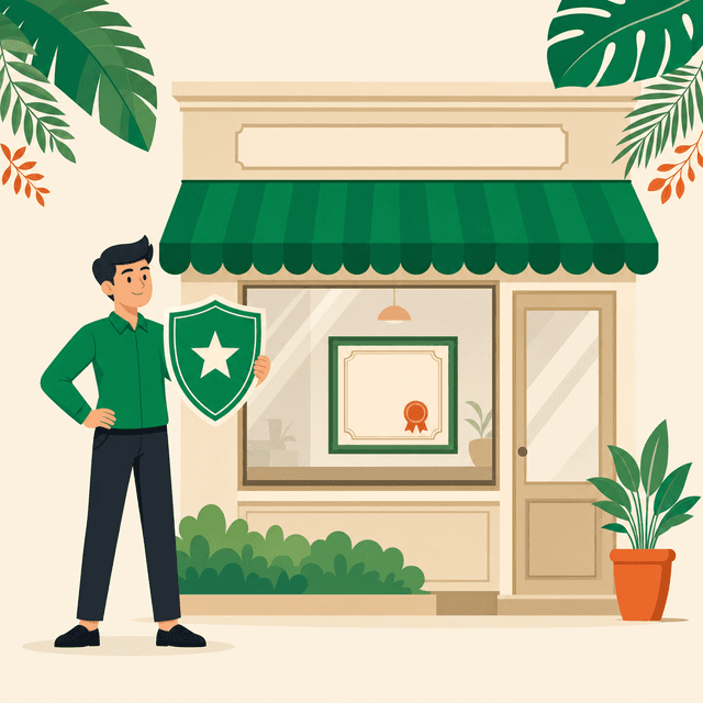 Flat vector illustration of a person holding a green shield with a star standing in front of a shopfront displaying a certificate medallion in the window