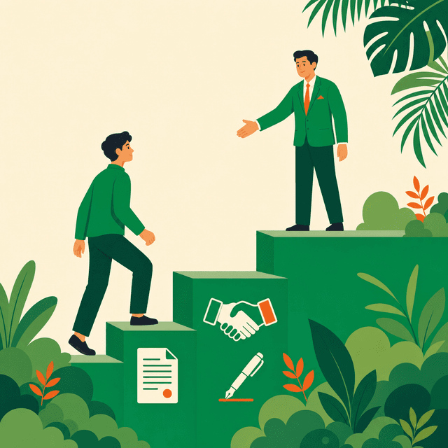 Flat vector illustration of a person climbing green steps with document and handshake icons, a welcoming officer extending a hand at the top