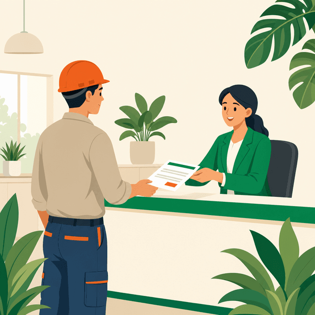 Flat vector illustration of a construction worker in an orange hard hat receiving a document from a smiling officer in green at a service counter