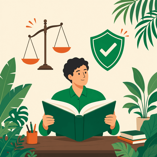 Flat vector illustration of a person reading an open book with scales of justice and a green shield with checkmark floating nearby, surrounded by green plants