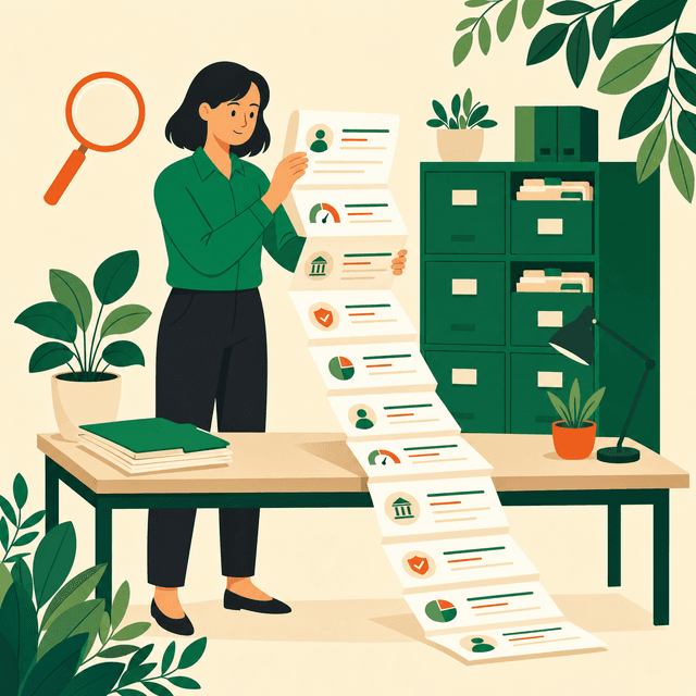 Flat vector illustration of a person reviewing a long accordion-style document file beside an organised green filing cabinet, with an orange magnifying glass nearby