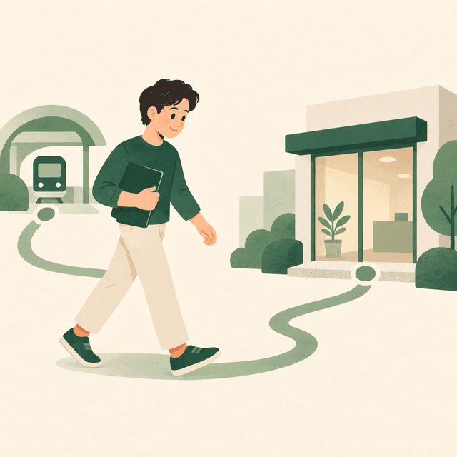 Person carrying a folder along a curving path toward an office entrance.