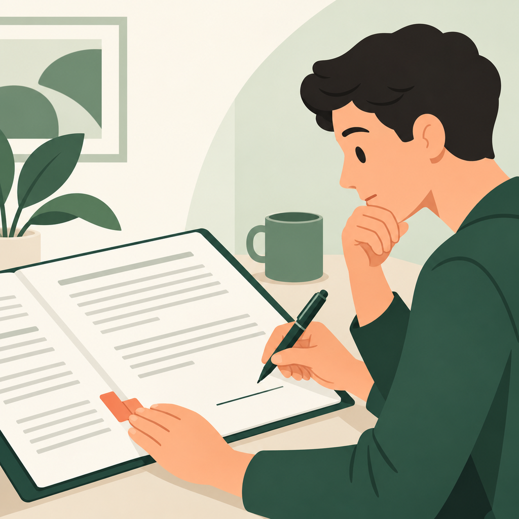 Person reviewing a multi-page document while holding a pen near a line at the bottom of the page.