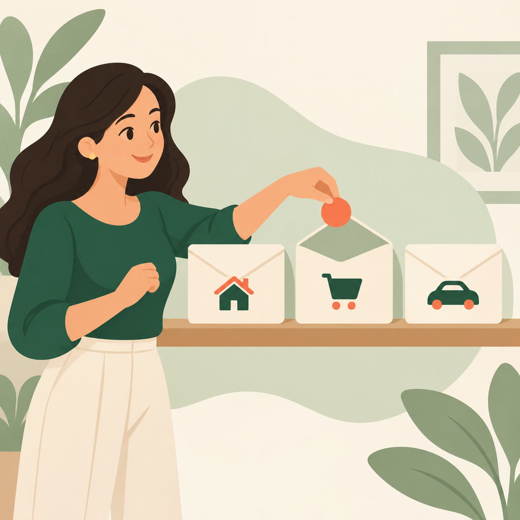 Person organising household budget envelopes on a shelf.