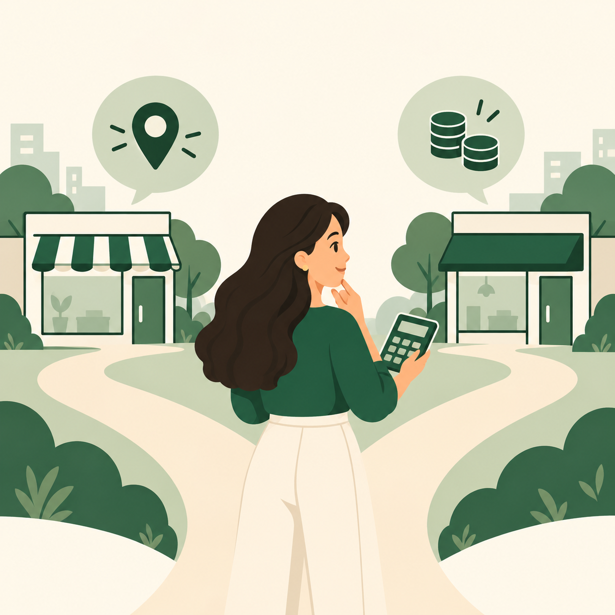 A person with a calculator considering two generic neighbourhood shopfronts.