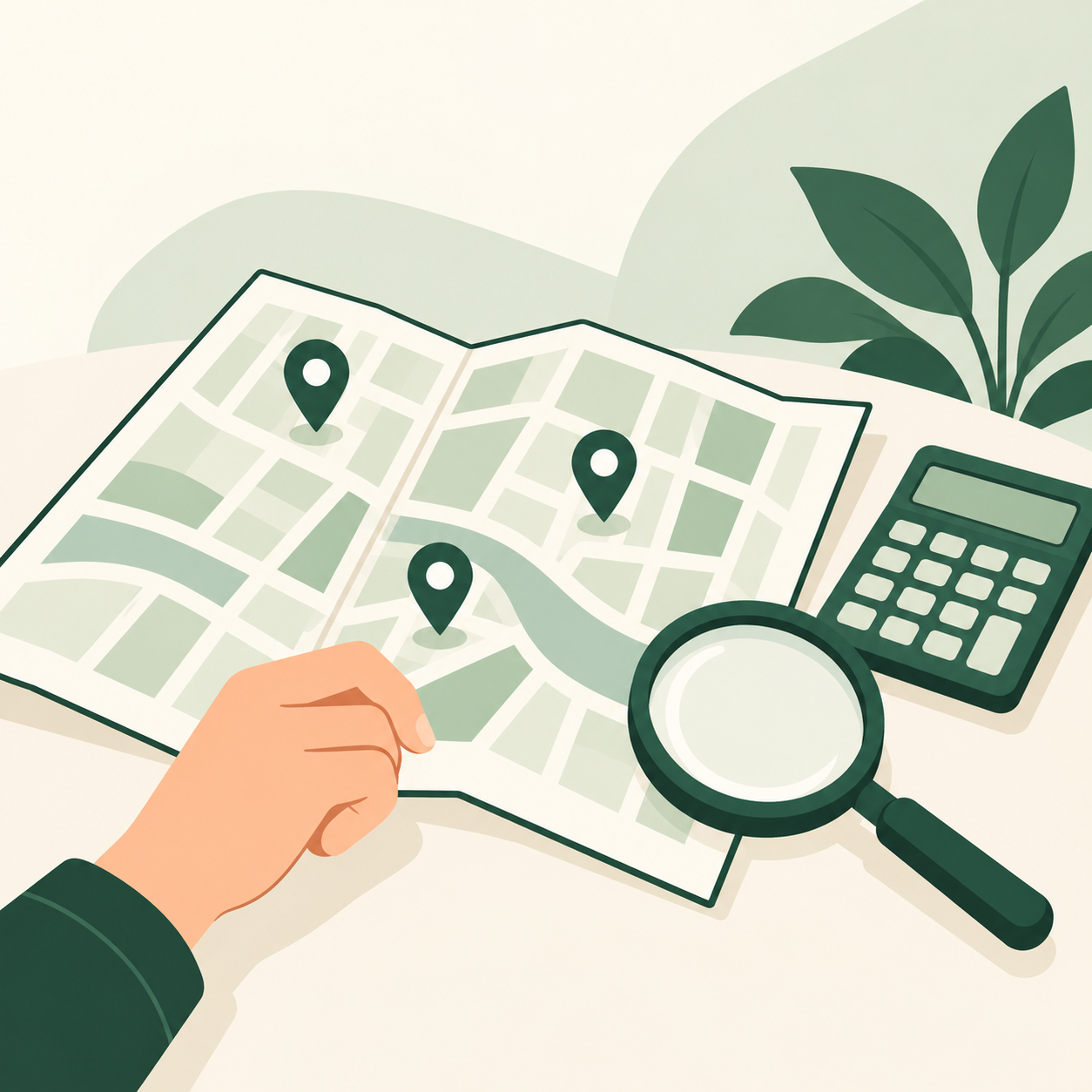 A generic neighbourhood map with location pins, a magnifying glass and a calculator.