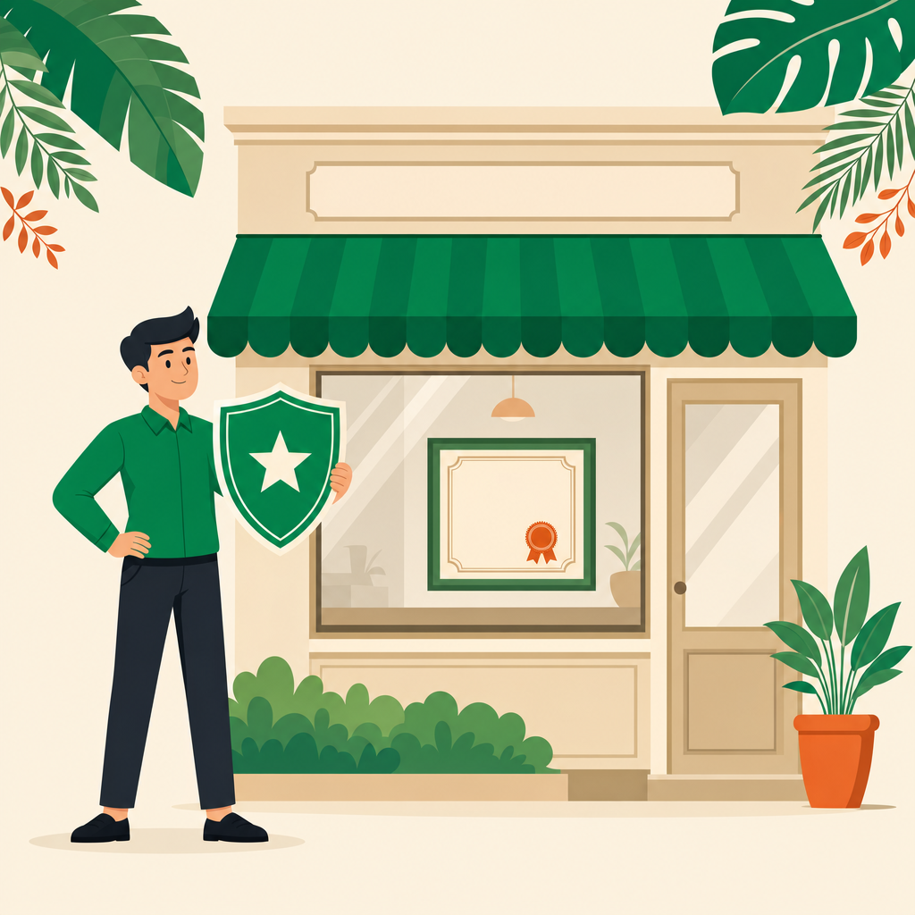 Flat vector illustration of a person holding a green shield with a star standing in front of a shopfront displaying a certificate medallion in the window