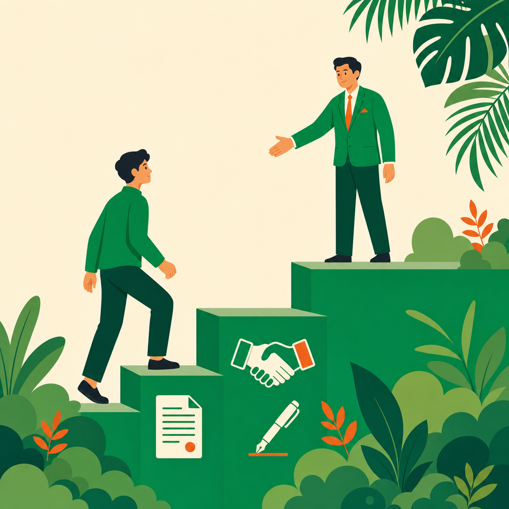 Flat vector illustration of a person climbing green steps with document and handshake icons, a welcoming officer extending a hand at the top