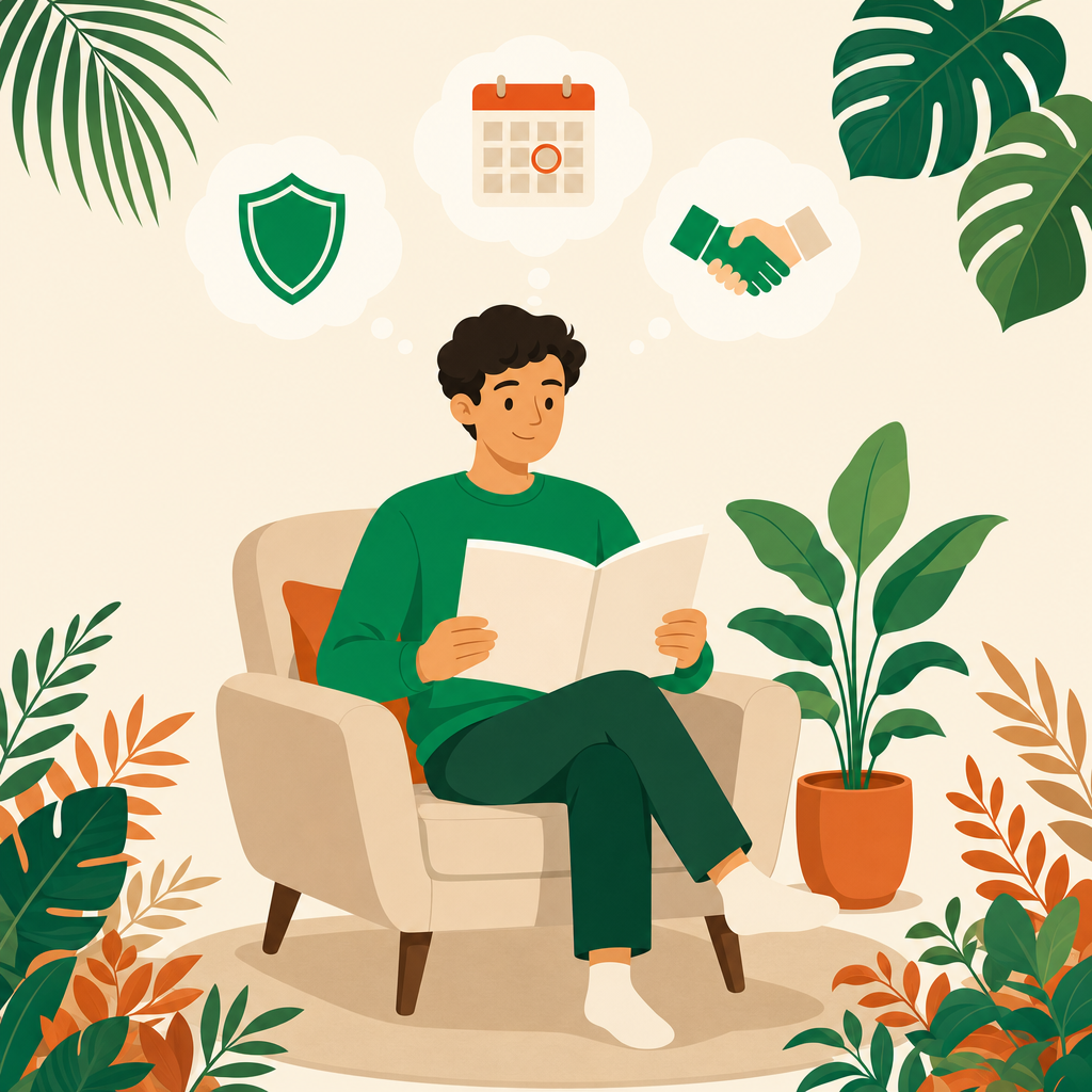 Flat vector illustration of a person reading in an armchair with thought bubbles showing a shield, calendar, and handshake icon, surrounded by foliage