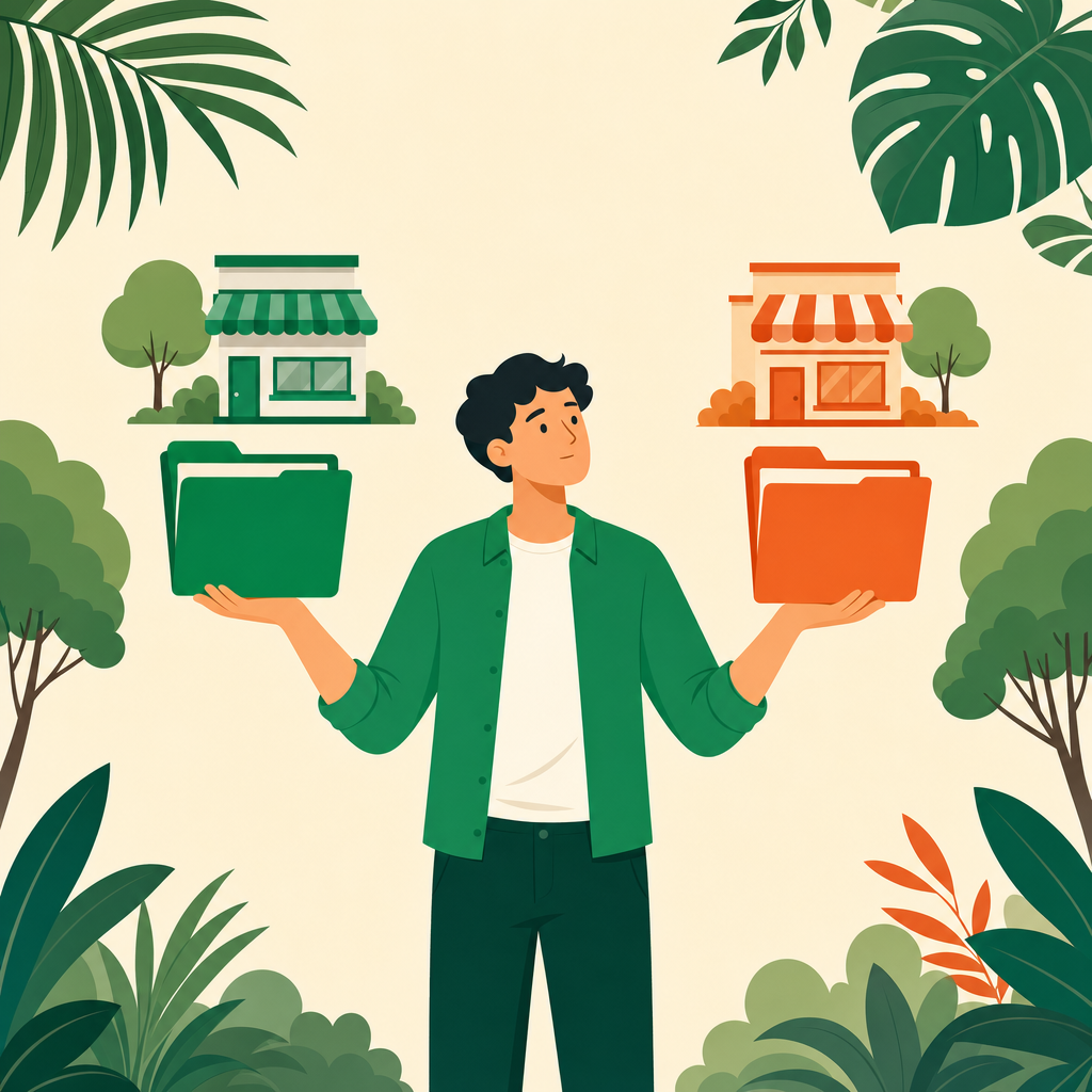 Flat vector illustration of a person holding one green and one orange document folder aloft with two shopfront icons floating above each hand